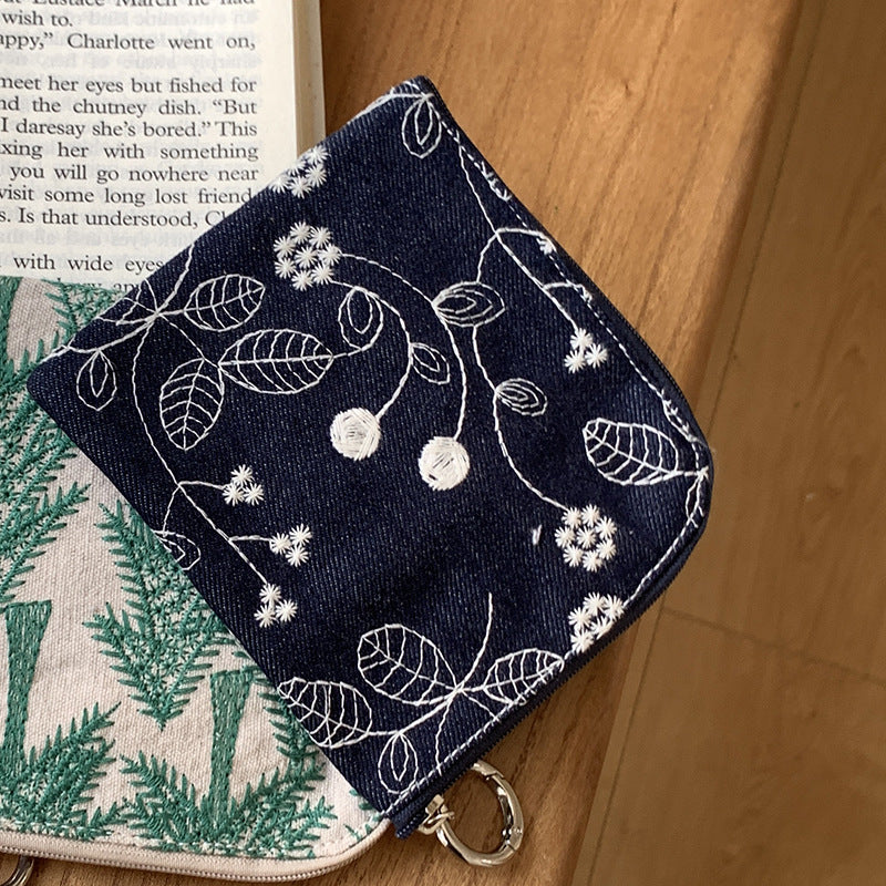 Cotton Linen Embroidered Coin Lipstick Pouch