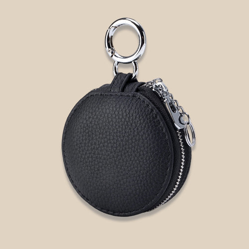 Genuine Leather Round Portable Lipstick Mirror Pouch Keychain