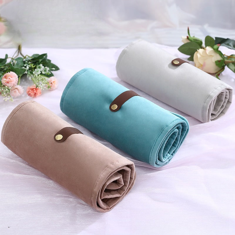 Velvet Roll Up Travel Jewelry Organizer Pouch Multiple Colors