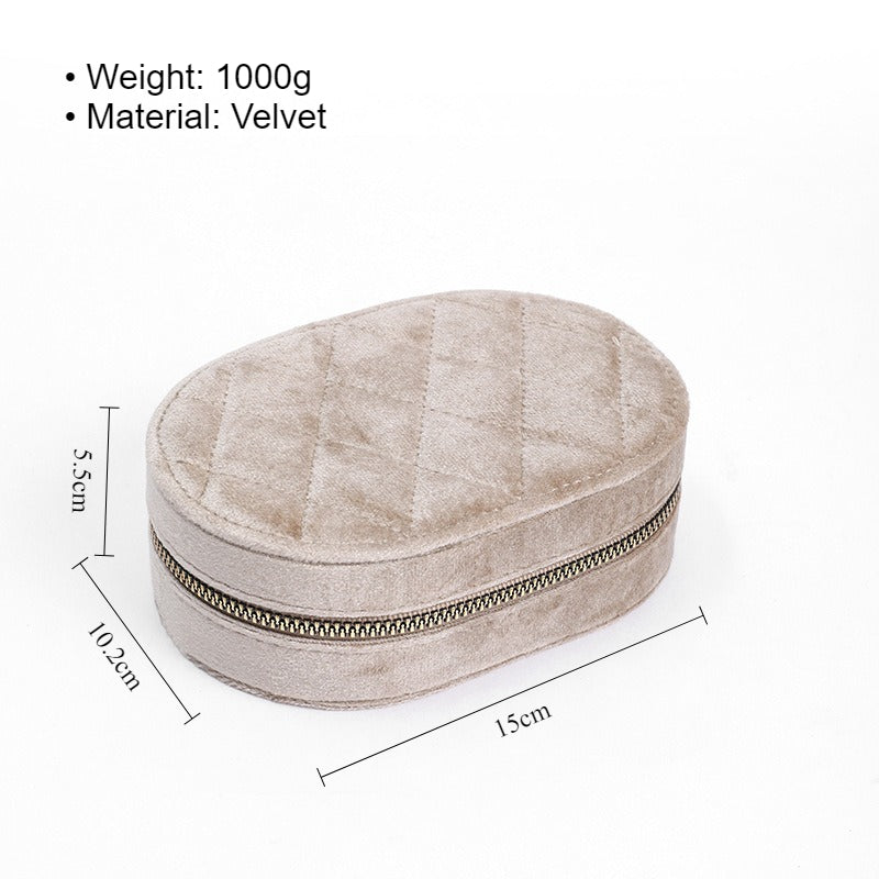 Oval Zipper Travel Jewelry Case Velvet Multiple Colors