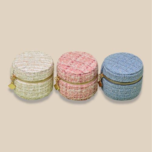 Round Anti Tarnish Tweed Jewelry Box Travel