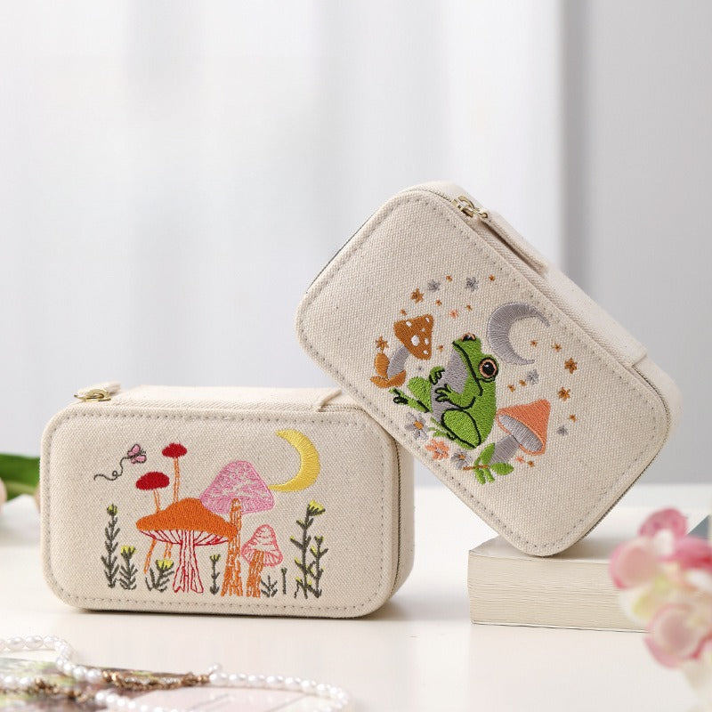 Embroidered Canvas Jewelry Box Portable Multiple Colors