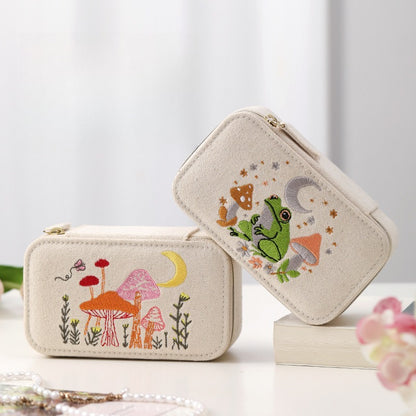 Embroidered Canvas Jewelry Box Portable Multiple Colors