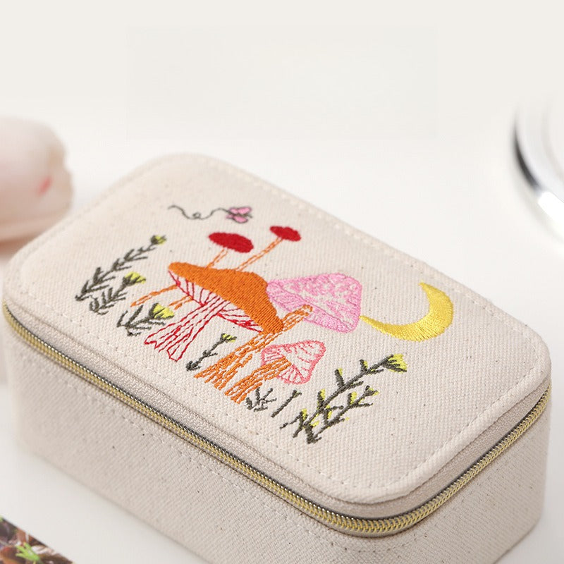 Embroidered Canvas Jewelry Box Portable Multiple Colors