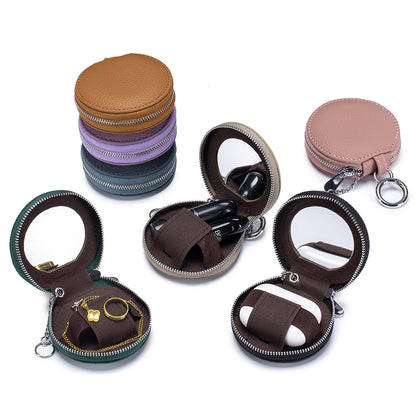 Genuine Leather Round Portable Lipstick Mirror Pouch Keychain