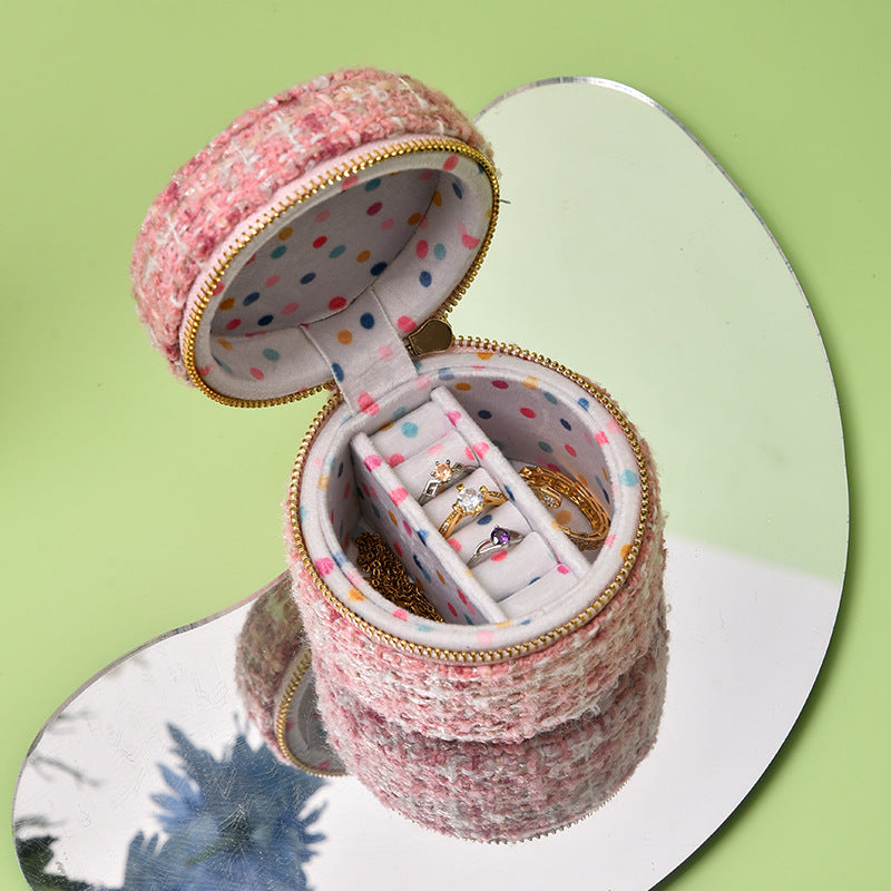 Round Anti Tarnish Tweed Jewelry Box Travel
