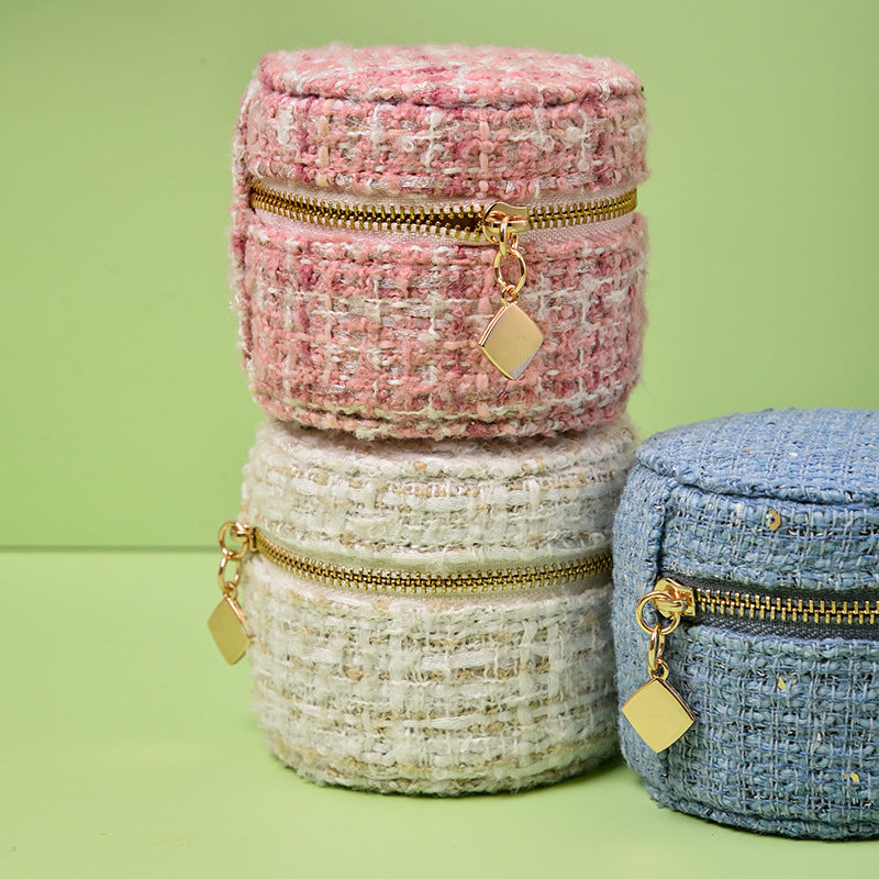Round Anti Tarnish Tweed Jewelry Box Travel