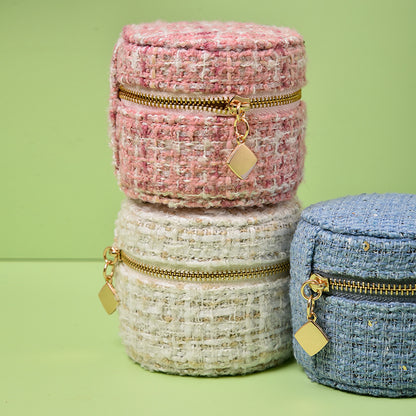 Round Anti Tarnish Tweed Jewelry Box Travel