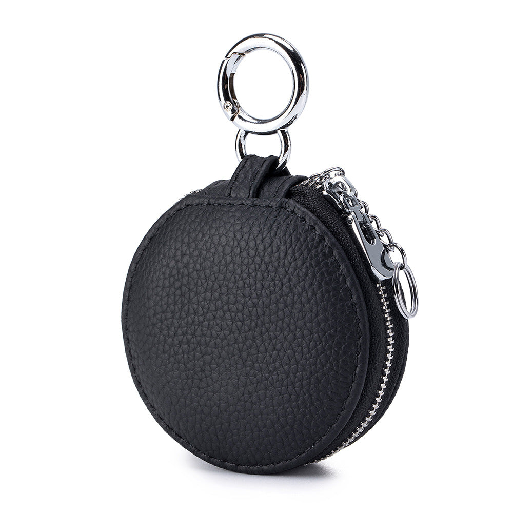 Genuine Leather Round Portable Lipstick Mirror Pouch Keychain