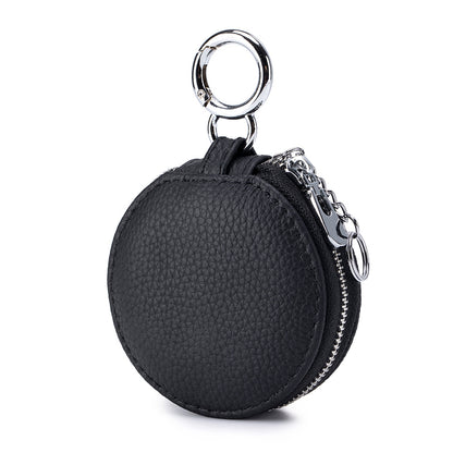 Genuine Leather Round Portable Lipstick Mirror Pouch Keychain