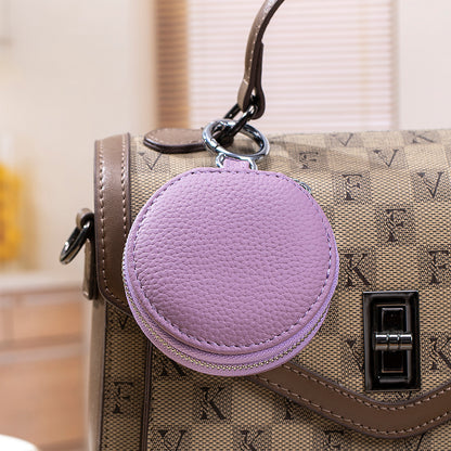Genuine Leather Round Portable Lipstick Mirror Pouch Keychain