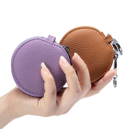 Genuine Leather Round Portable Lipstick Mirror Pouch Keychain