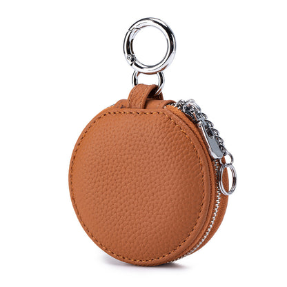 Genuine Leather Round Portable Lipstick Mirror Pouch Keychain