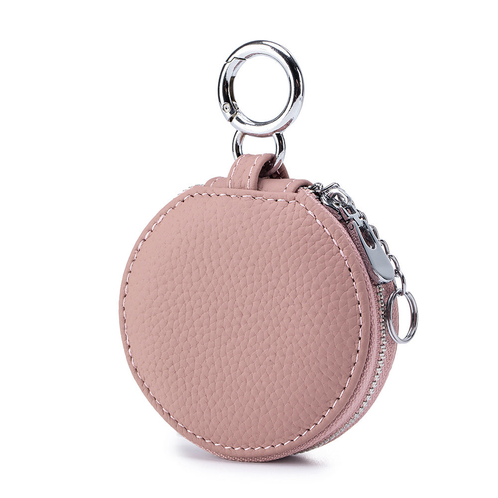 Genuine Leather Round Portable Lipstick Mirror Pouch Keychain