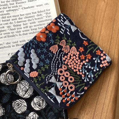 Cotton Linen Embroidered Coin Lipstick Pouch