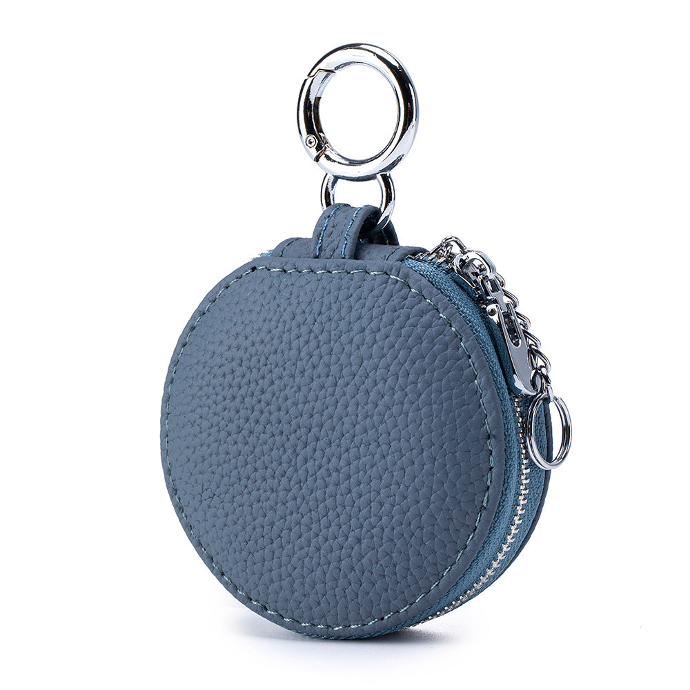 Genuine Leather Round Portable Lipstick Mirror Pouch Keychain