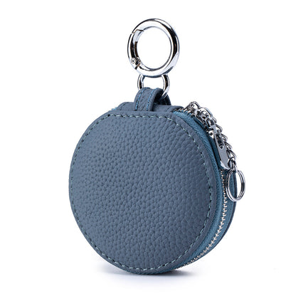 Genuine Leather Round Portable Lipstick Mirror Pouch Keychain
