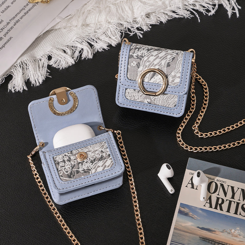 Retro Jacquard Portable Earphone Case Multi Use Blue