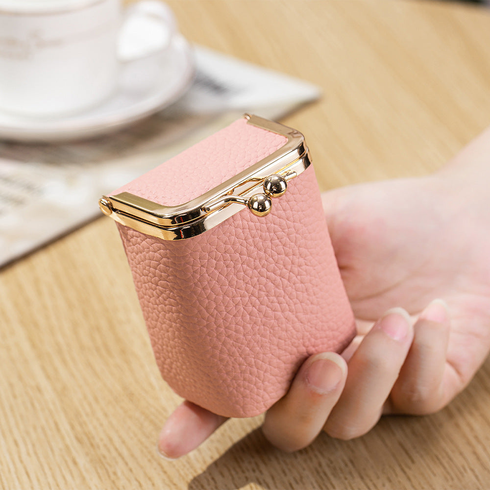 Genuine Leather Pebble Grain Frame Lipstick Coin Purse Multiple Colors