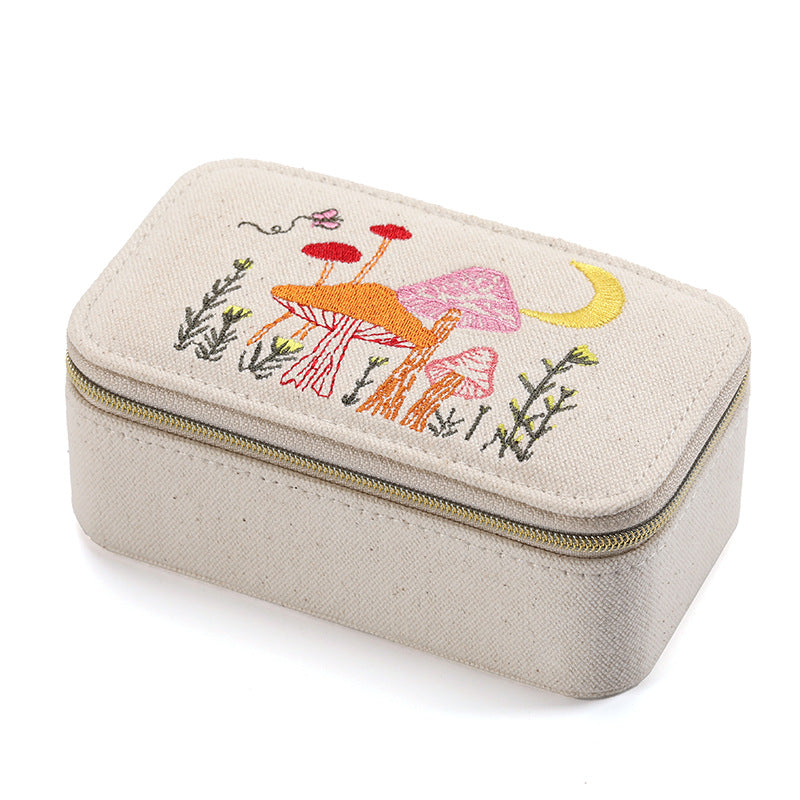 Embroidered Canvas Jewelry Box Portable Multiple Colors
