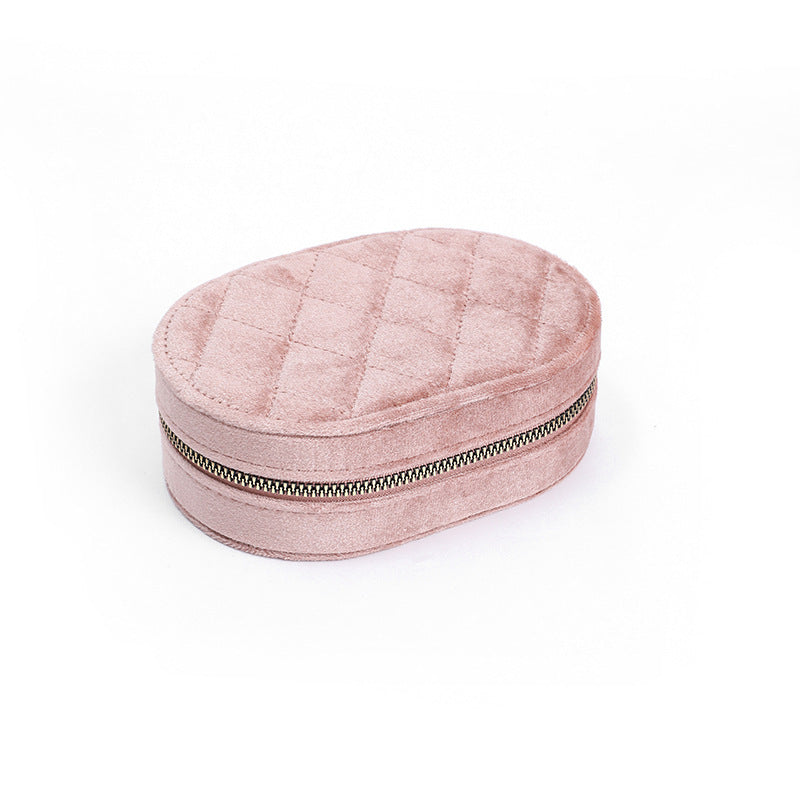 Oval Zipper Travel Jewelry Case Velvet Multiple Colors