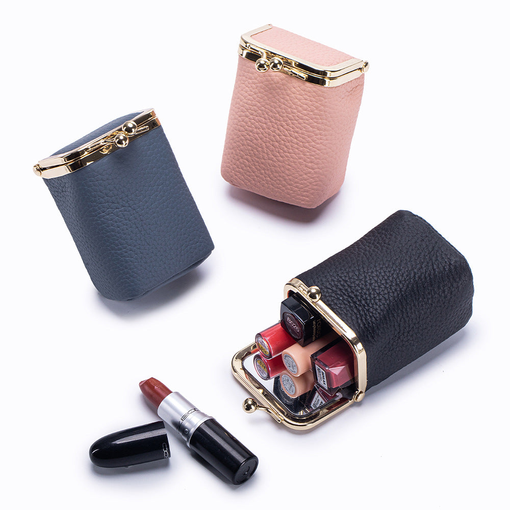 Genuine Leather Pebble Grain Frame Lipstick Coin Purse Multiple Colors
