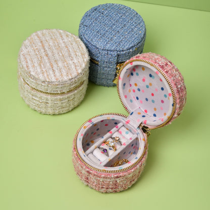 Round Anti Tarnish Tweed Jewelry Box Travel