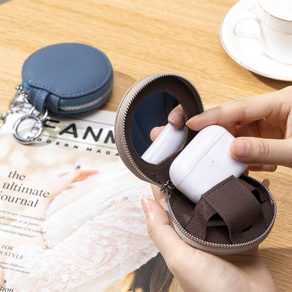 Genuine Leather Round Portable Lipstick Mirror Pouch Keychain