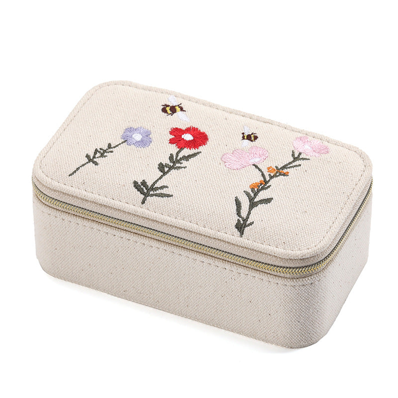 Embroidered Canvas Jewelry Box Portable Multiple Colors