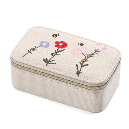 Embroidered Canvas Jewelry Box Portable Multiple Colors