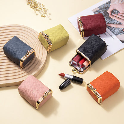 Genuine Leather Pebble Grain Frame Lipstick Coin Purse Multiple Colors