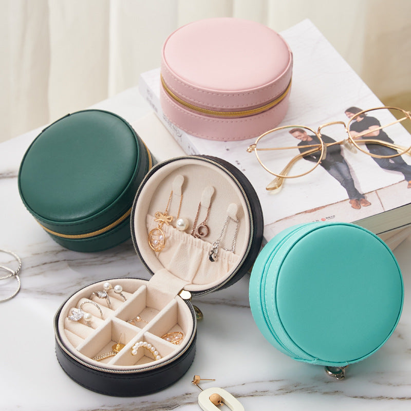 Round Portable PU Leather Jewelry Box