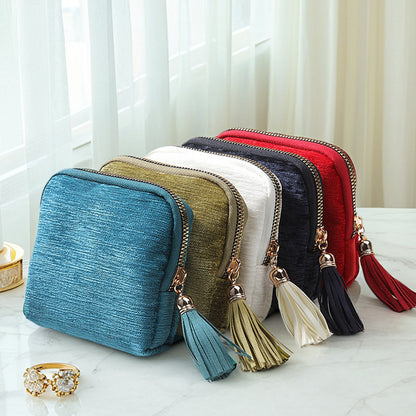 Tassel Zipper Velvet Jewelry Pouch Portable