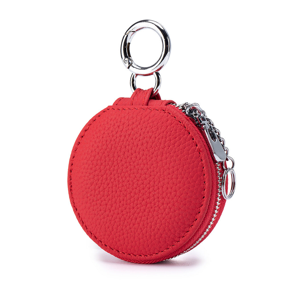 Genuine Leather Round Portable Lipstick Mirror Pouch Keychain
