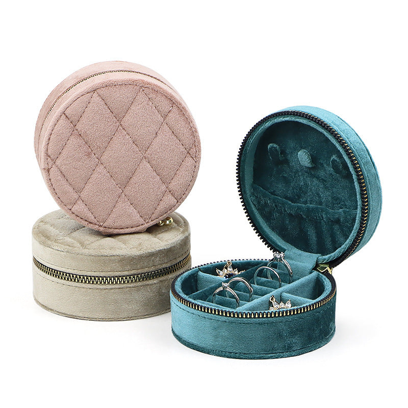 Round Italian Velvet Jewelry Box Portable Multiple Colors