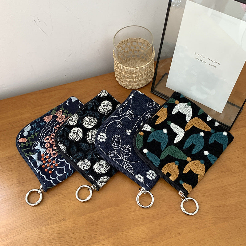 Cotton Linen Embroidered Coin Lipstick Pouch