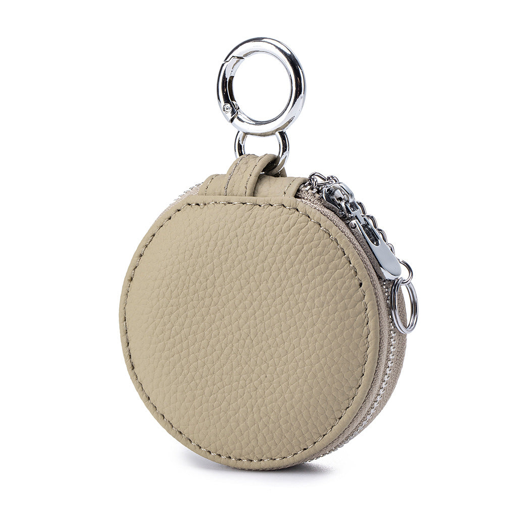 Genuine Leather Round Portable Lipstick Mirror Pouch Keychain
