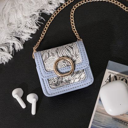 Retro Jacquard Portable Earphone Case Multi Use Blue