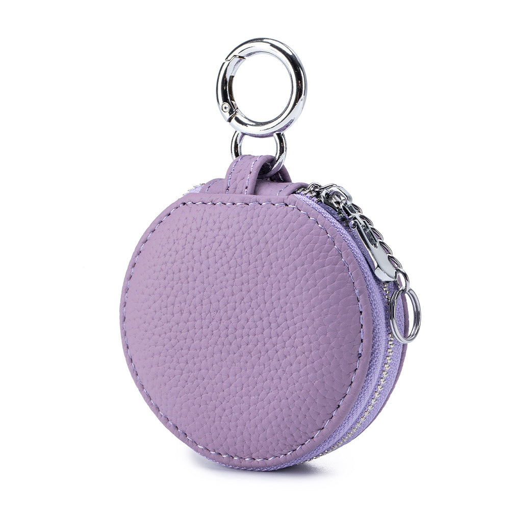 Genuine Leather Round Portable Lipstick Mirror Pouch Keychain