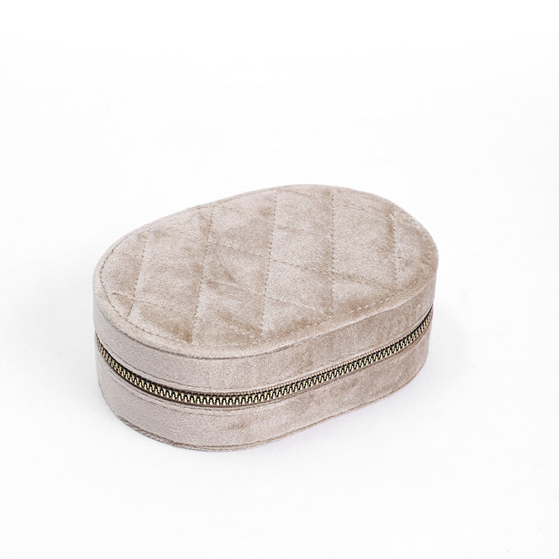 Oval Zipper Travel Jewelry Case Velvet Multiple Colors