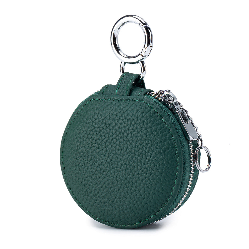Genuine Leather Round Portable Lipstick Mirror Pouch Keychain