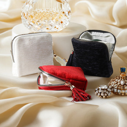 Tassel Zipper Velvet Jewelry Pouch Portable