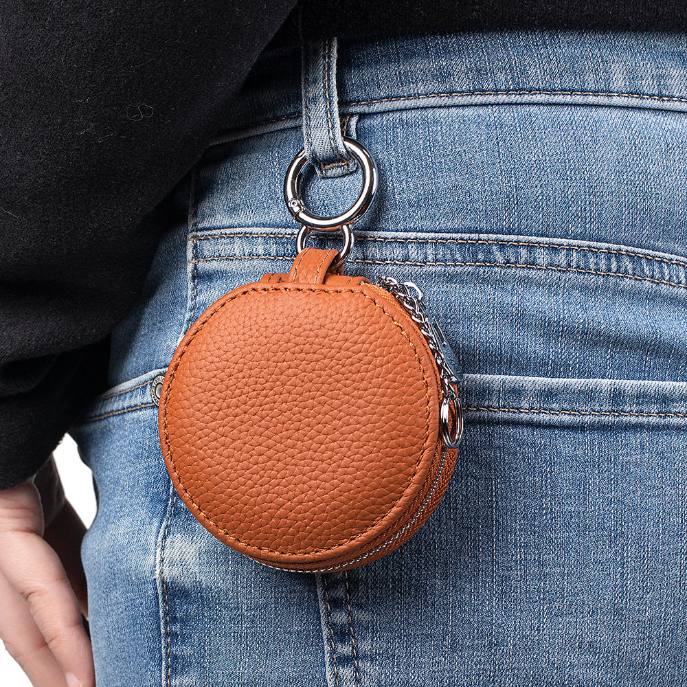 Genuine Leather Round Portable Lipstick Mirror Pouch Keychain