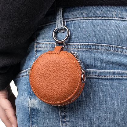 Genuine Leather Round Portable Lipstick Mirror Pouch Keychain