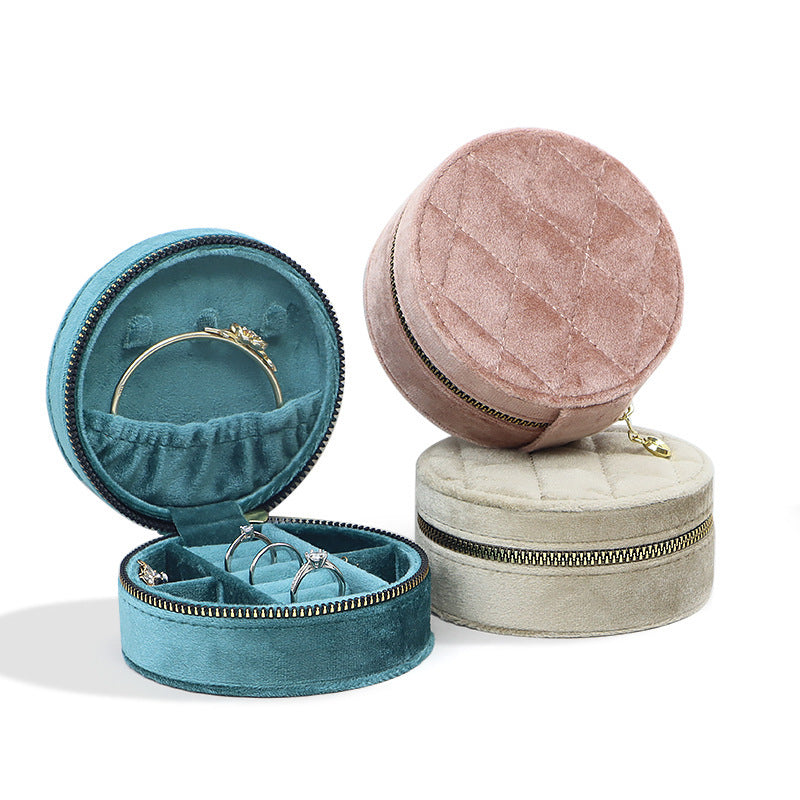 Round Italian Velvet Jewelry Box Portable Multiple Colors