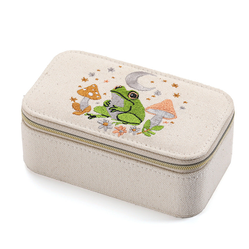 Embroidered Canvas Jewelry Box Portable Multiple Colors