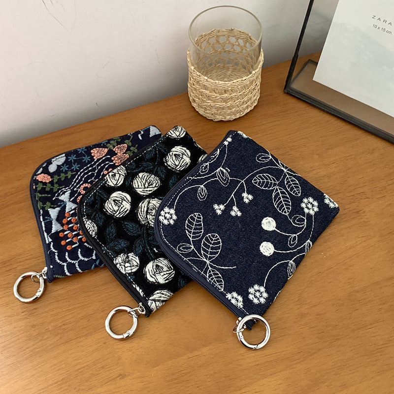 Cotton Linen Embroidered Coin Lipstick Pouch