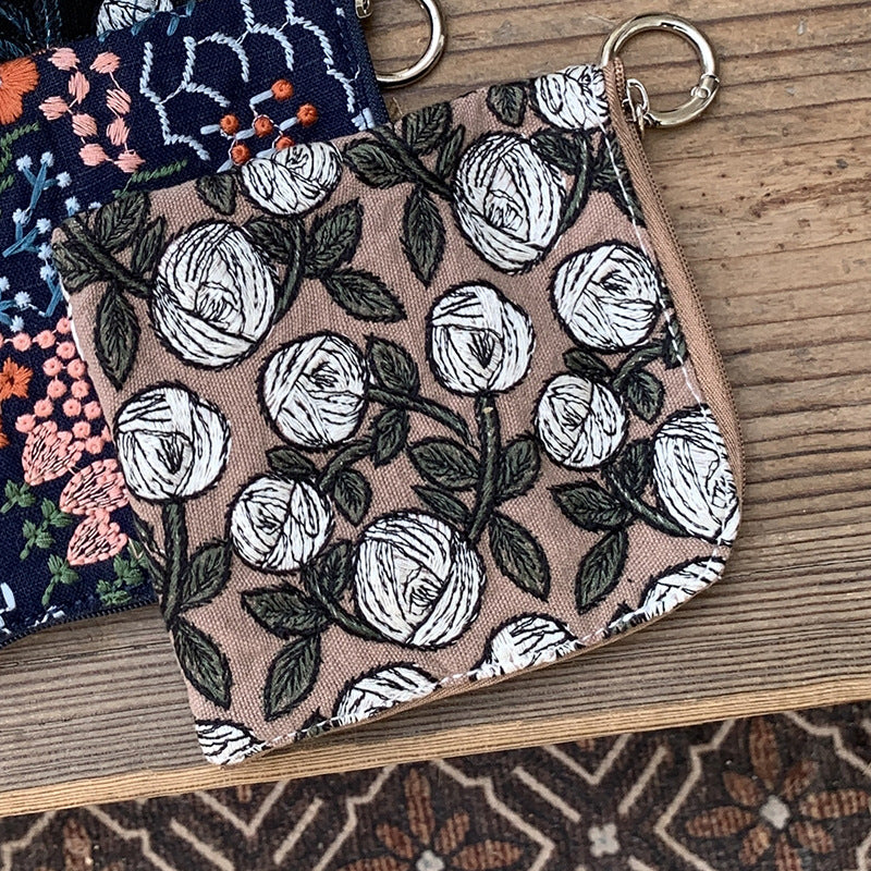 Cotton Linen Embroidered Coin Lipstick Pouch