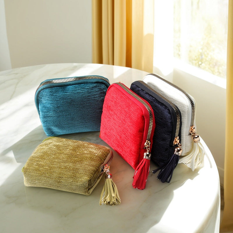 Tassel Zipper Velvet Jewelry Pouch Portable