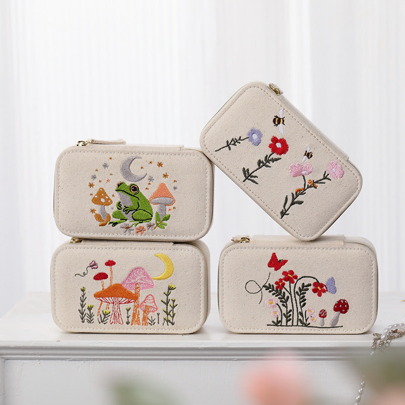 Embroidered Canvas Jewelry Box Portable Multiple Colors